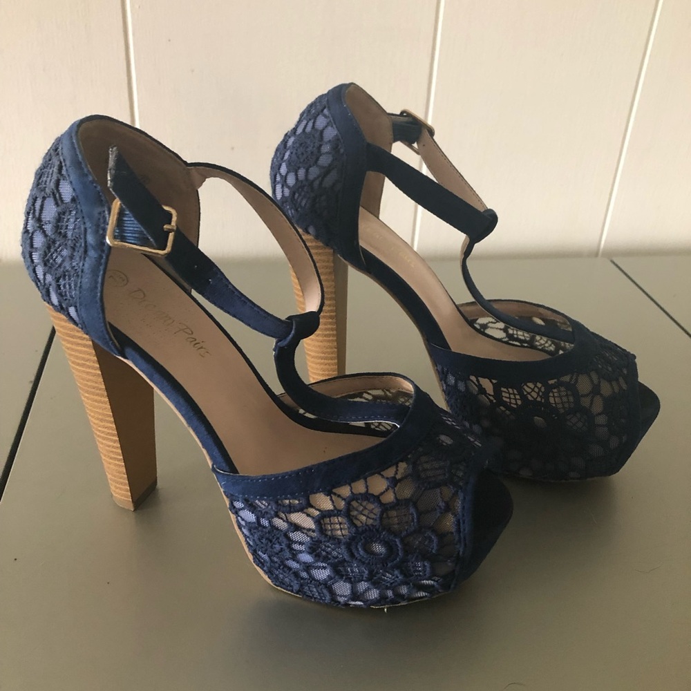 Dream Pairs Navy Lace Peep-Toe Heels
